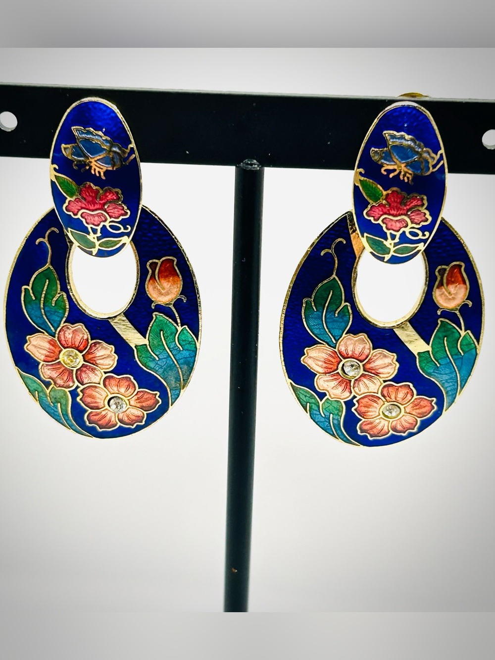 Vintage Chinese Cloisonne Earrings Enamel Floral Butterfly Nature Pierced Clip